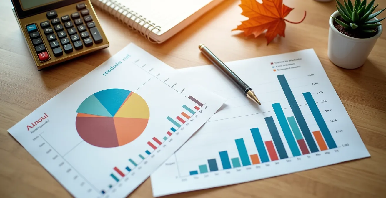 Vue aérienne d'un bureau avec graphiques financiers colorés et calculatrice