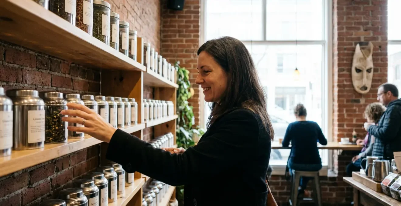 Cliente observant des thés en vrac dans boutique spécialisée montréalaise