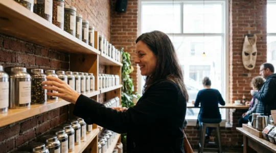 Cliente observant des thés en vrac dans boutique spécialisée montréalaise