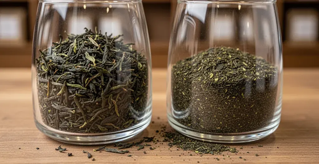 Comparaison feuilles de thé entières versus brisées dans contenants verre