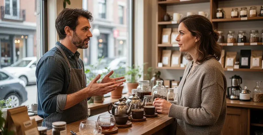 Vendeur expliquant produit à cliente dans boutique de thé montréalaise