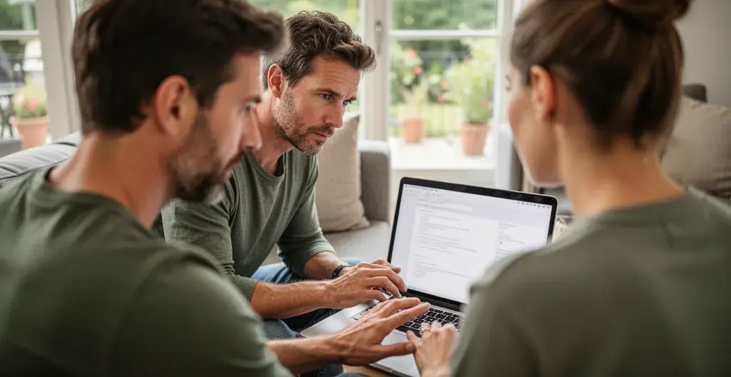 Couple trentenaire consultant un ordinateur portable dans un salon lumineux pour une recherche immobilière à Lausanne