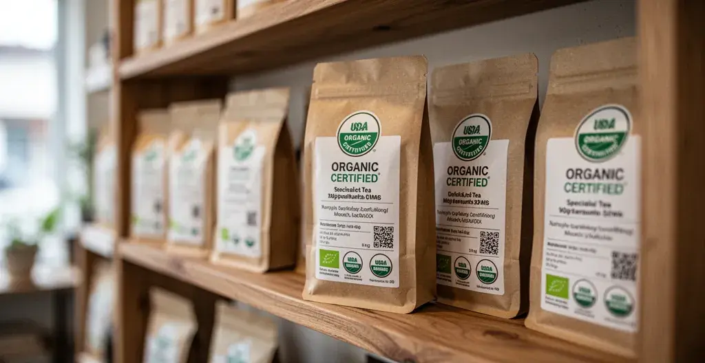 Emballage de thé avec labels certification biologique visible en boutique