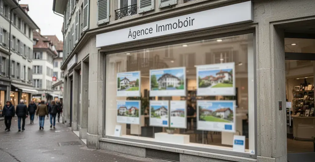 Façade d'une agence immobilière dans une rue commerçante de Lausanne avec vitrine et architecture suisse typique