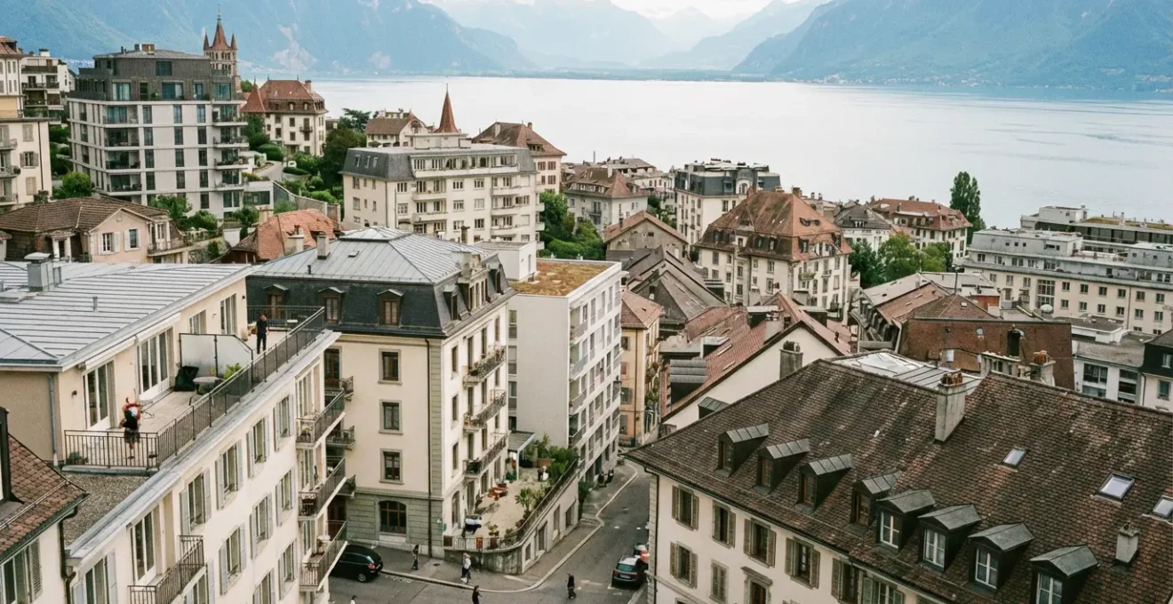 Vue panoramique sur les toits de Lausanne avec le lac Léman en arrière-plan, quartier résidentiel mêlant architecture historique et moderne