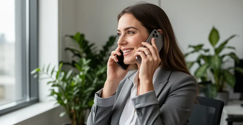 Femme professionnelle européenne parlant au téléphone dans un bureau moderne lumineux à Lausanne