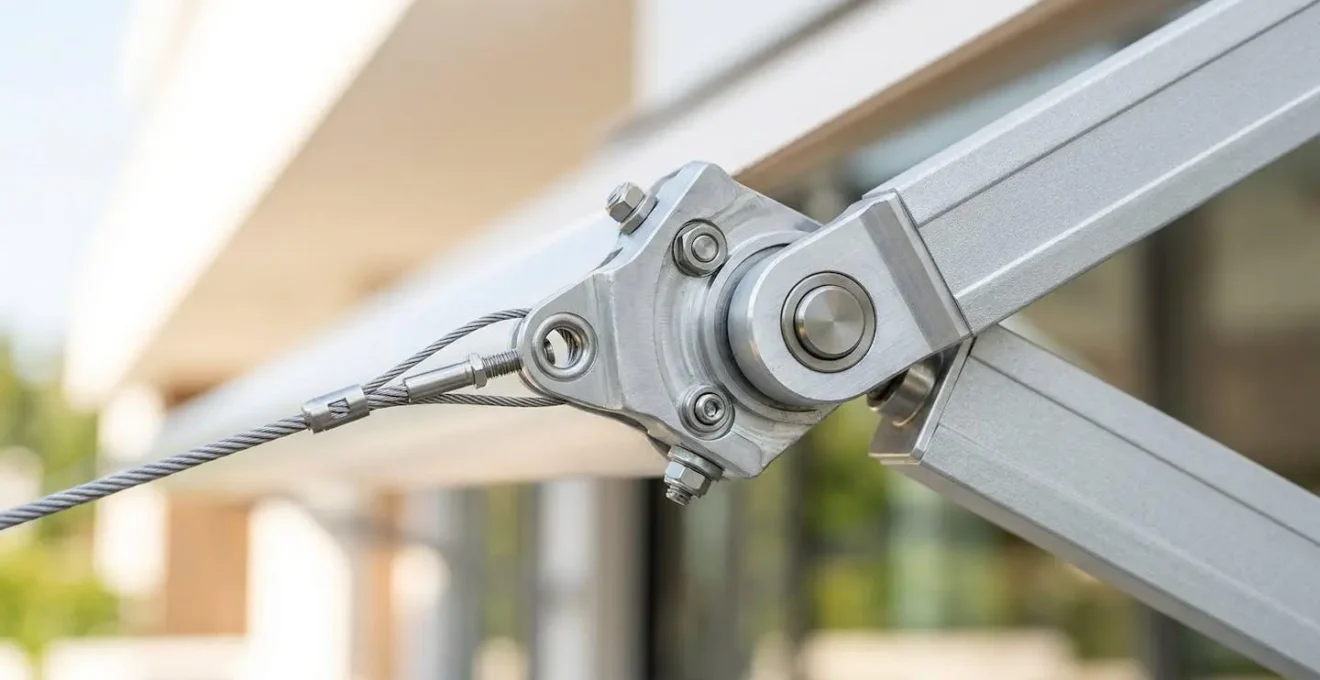 Gros plan détaillé sur le mécanisme de bras articulés d'un store double pente, montrant les câbles en inox gainés et la jonction avec l'armature en aluminium