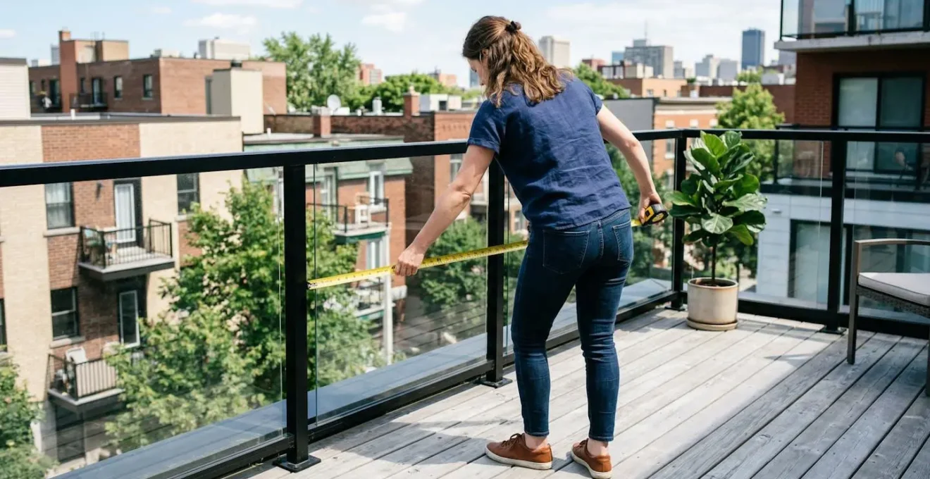 Personne vue de dos mesurant une terrasse avec un mètre ruban dans un environnement résidentiel urbain avec éclairage naturel