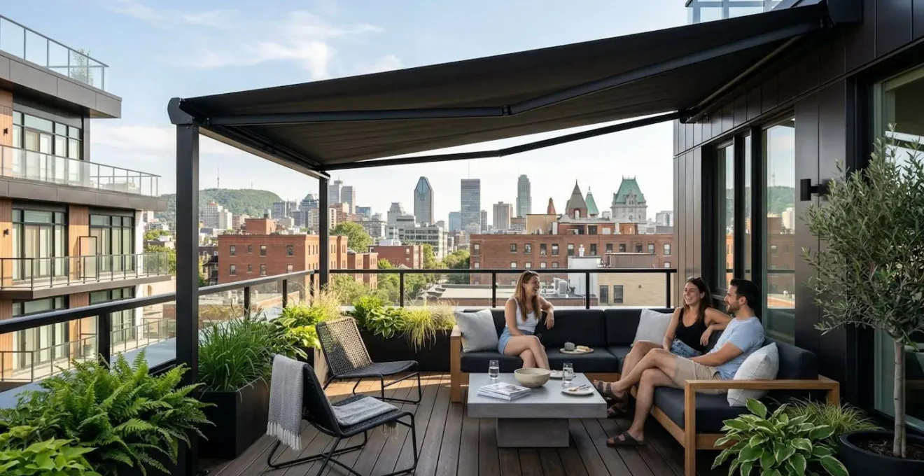 Vue large d'une terrasse résidentielle urbaine montréalaise avec store à double pente déployé, mobilier de jardin contemporain et éclairage naturel de fin d'après-midi