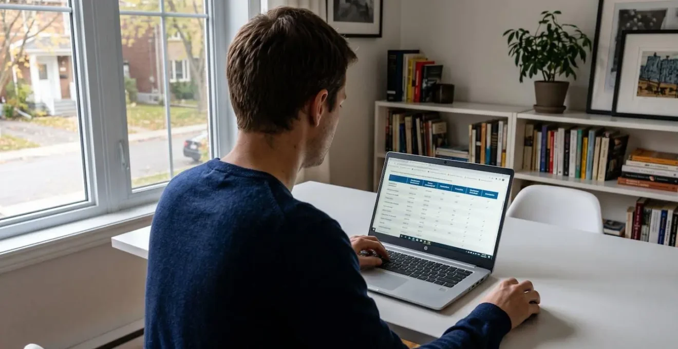 Personne de dos devant un ordinateur portable consultant un tableau de comparaison de soumissions d'assurance dans un bureau à domicile lumineux
