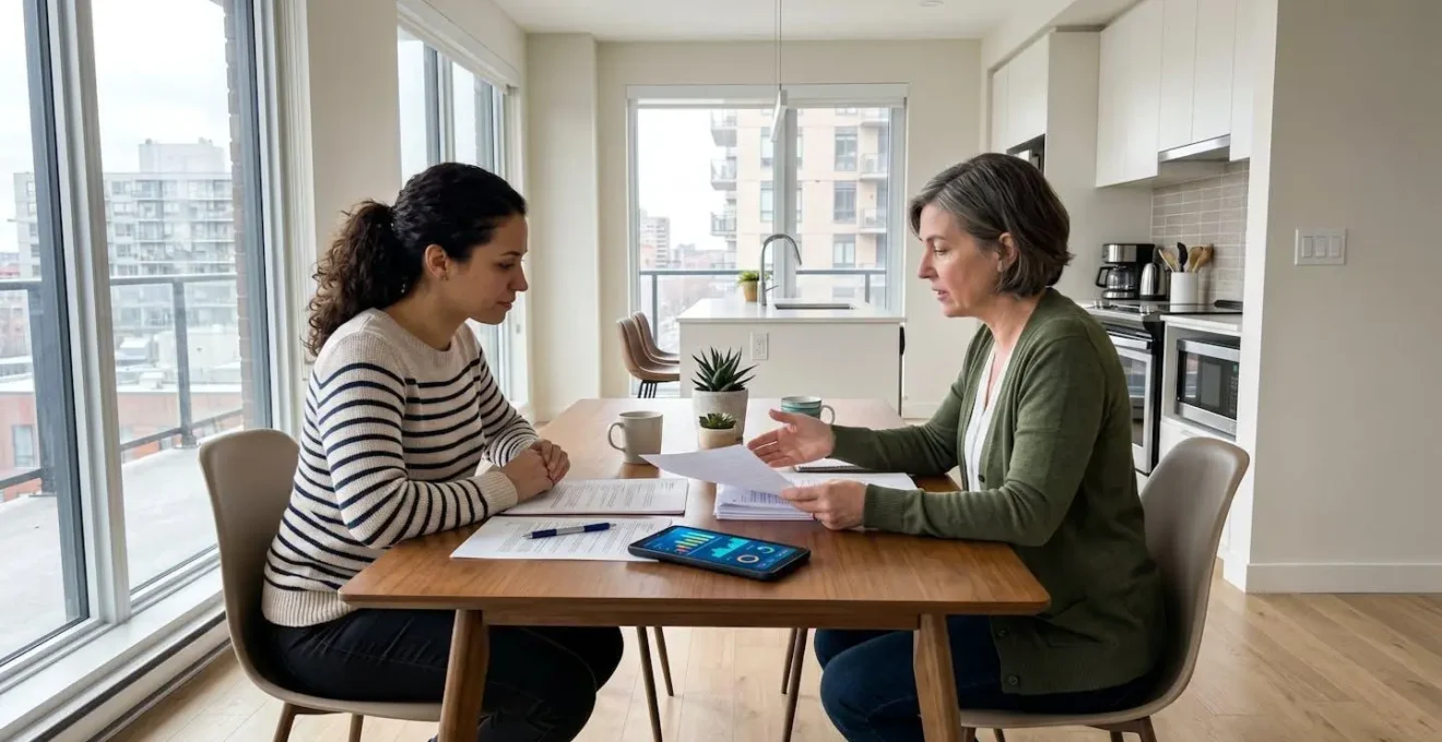 Deux personnes discutent de documents d'assurance à une table de cuisine lumineuse dans un condo montréalais contemporain