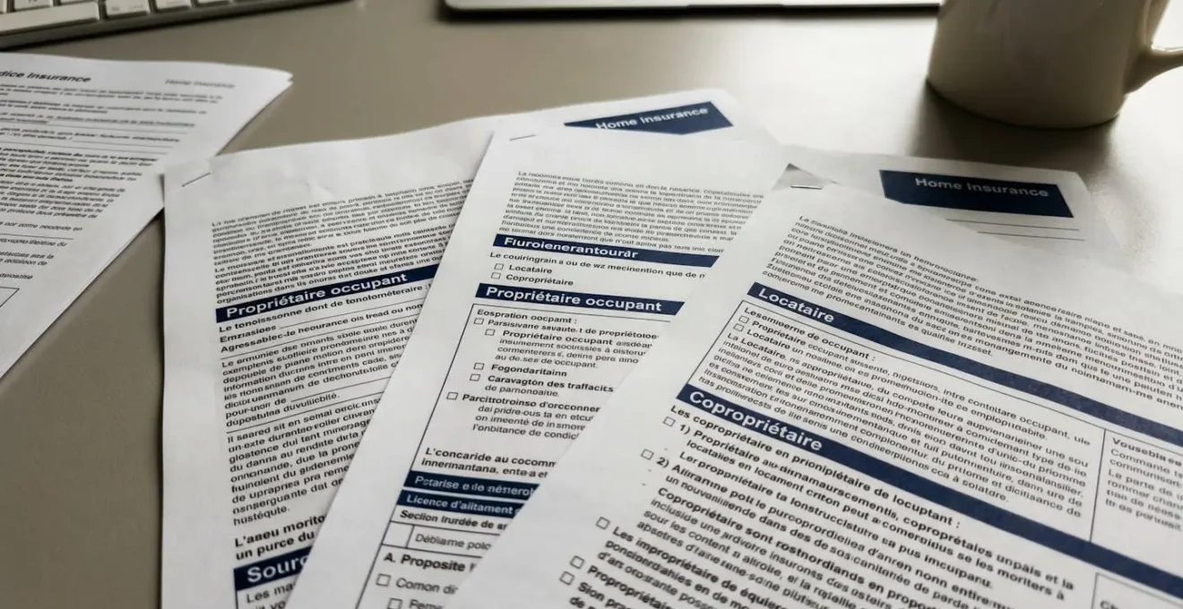 Gros plan sur trois polices d'assurance habitation différentes superposées sur un bureau blanc épuré
