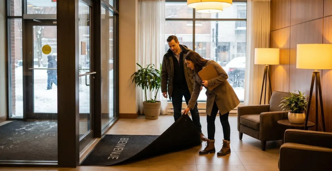 Gestionnaire d'immeuble inspectant le hall d'entrée d'une copropriété montréalaise en hiver, tapis antidérapant en place