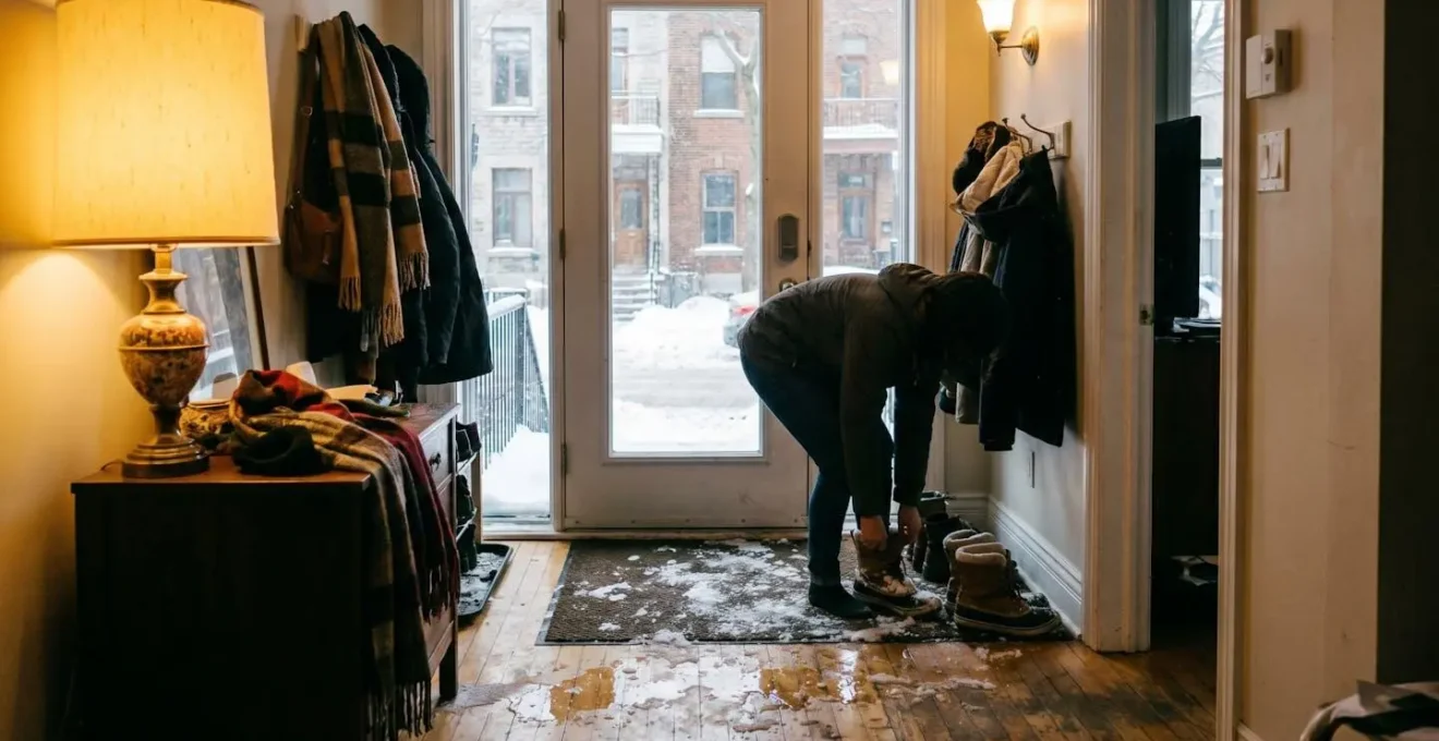 Hall d'entrée d'un condo montréalais avec traces de neige fondue sur plancher de bois franc, tapis antidérapant à l'entrée