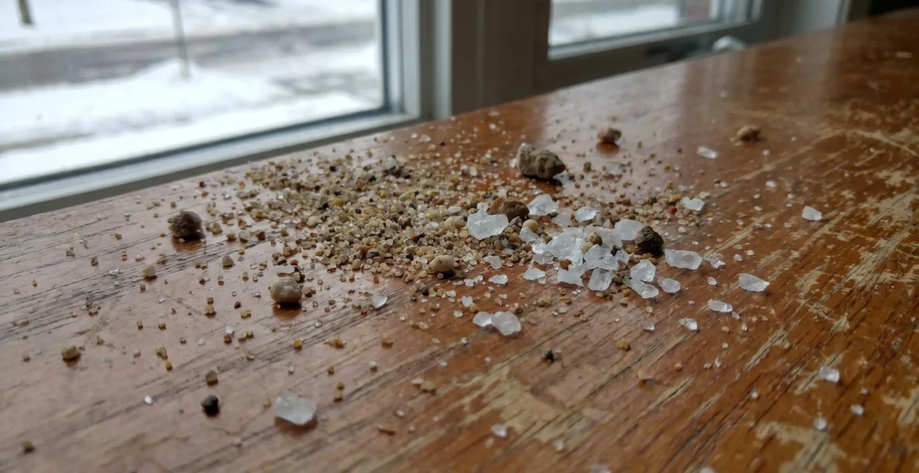 Gros plan sur des granules de sable et de sel sur un plancher de bois franc, traces visibles d'abrasion hivernale