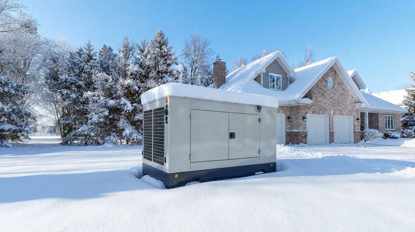 Générateur électrique portatif en fonctionnement à l'extérieur d'une maison résidentielle québécoise en hiver, installation sécurisée sur plateforme stable