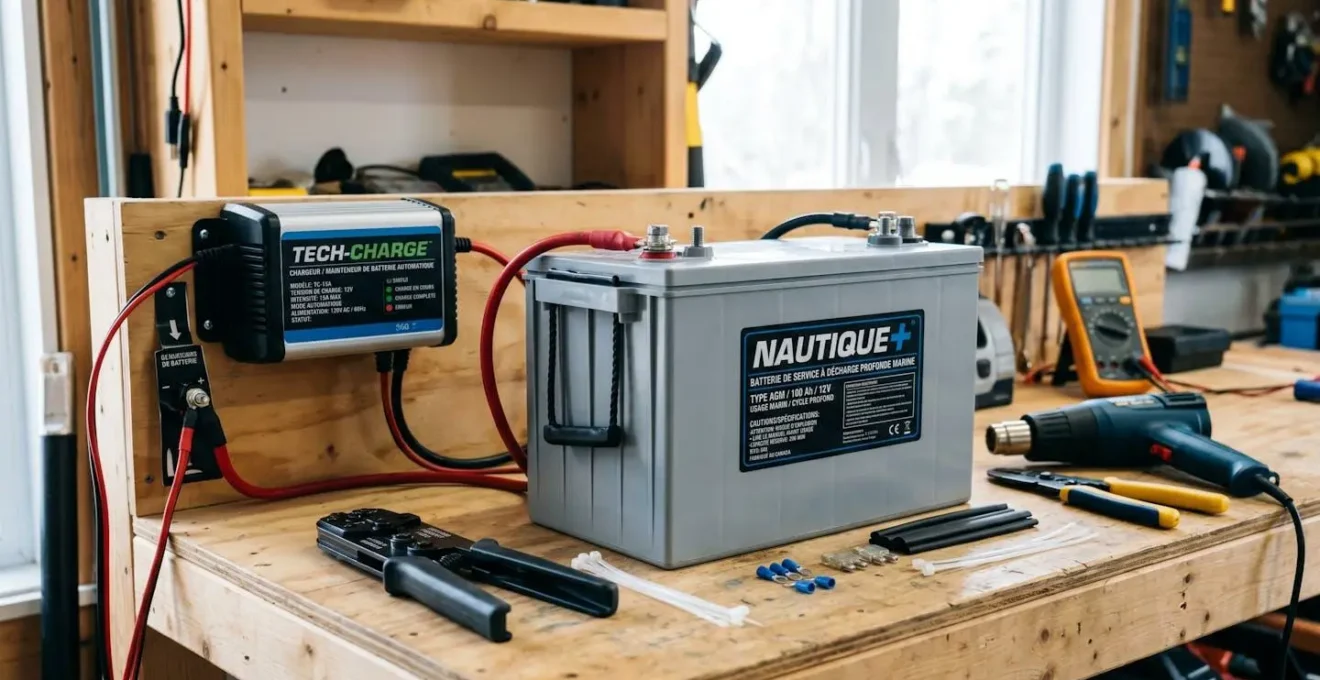 Batterie marine deep-cycle professionnelle avec chargeur automatique sur établi de garage, outils d'installation visibles à proximité