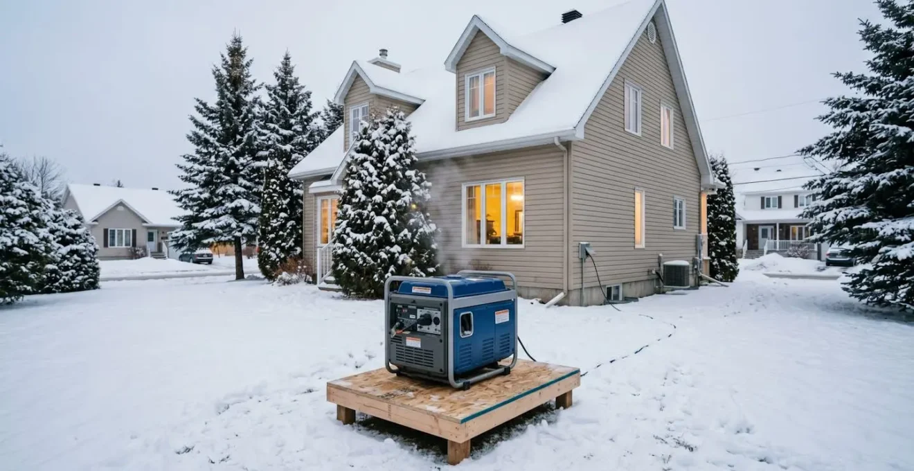Générateur électrique portatif en fonctionnement à l'extérieur d'une maison résidentielle québécoise en hiver, installation sécurisée sur plateforme stable