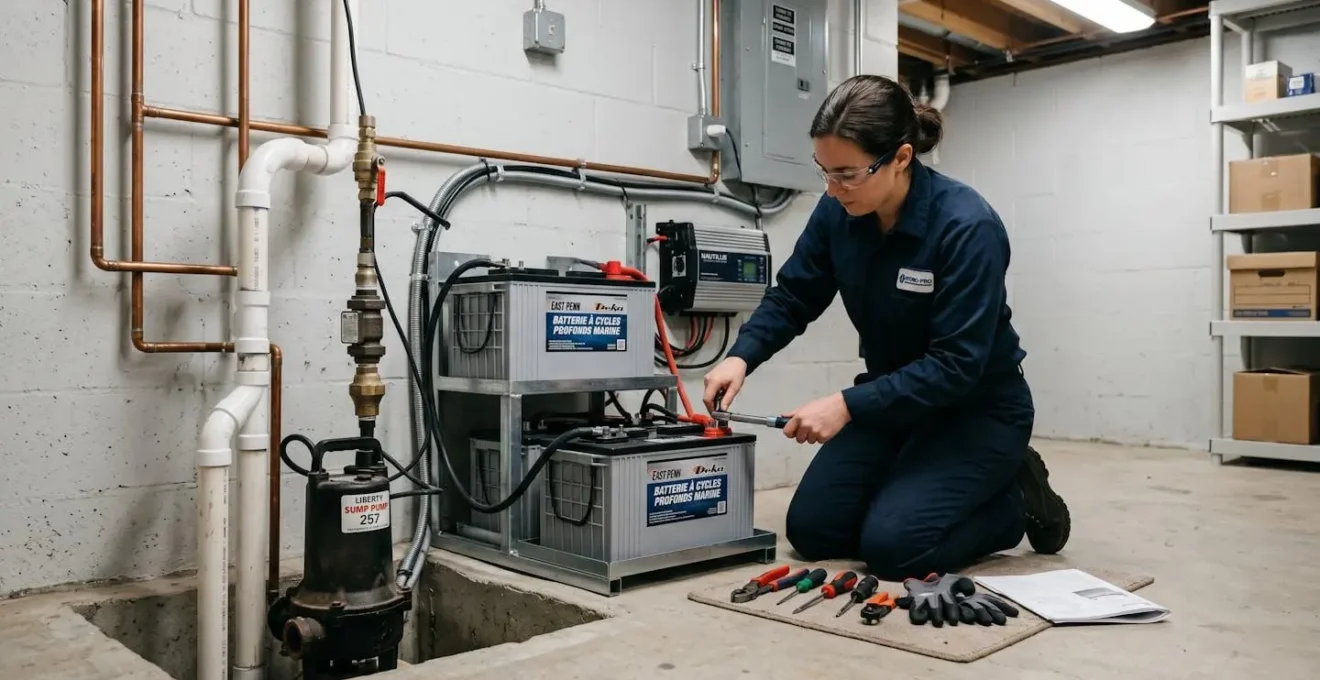 Technicien professionnel installant une batterie de secours pour pompe à puisard dans un sous-sol résidentiel propre et bien éclairé
